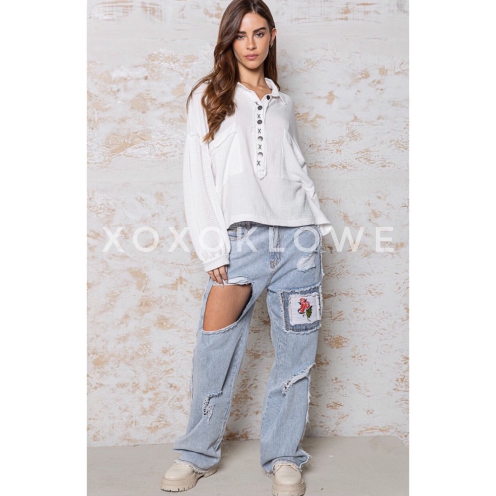 POL Retro 90s Distressed Relaxed Fit Jeans Patches Cutouts - Picture 3 of 16